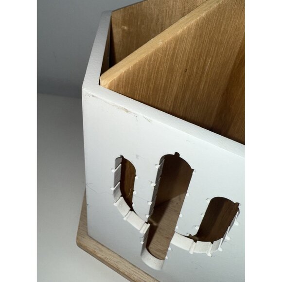 White Wood Spinning Desk Organizer 6 Sections Cactus Cutouts Pen Pencil Holder - Picture 4 of 7